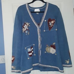 CJ Banks Blue Red Cardigan Hand Embroidered 1X